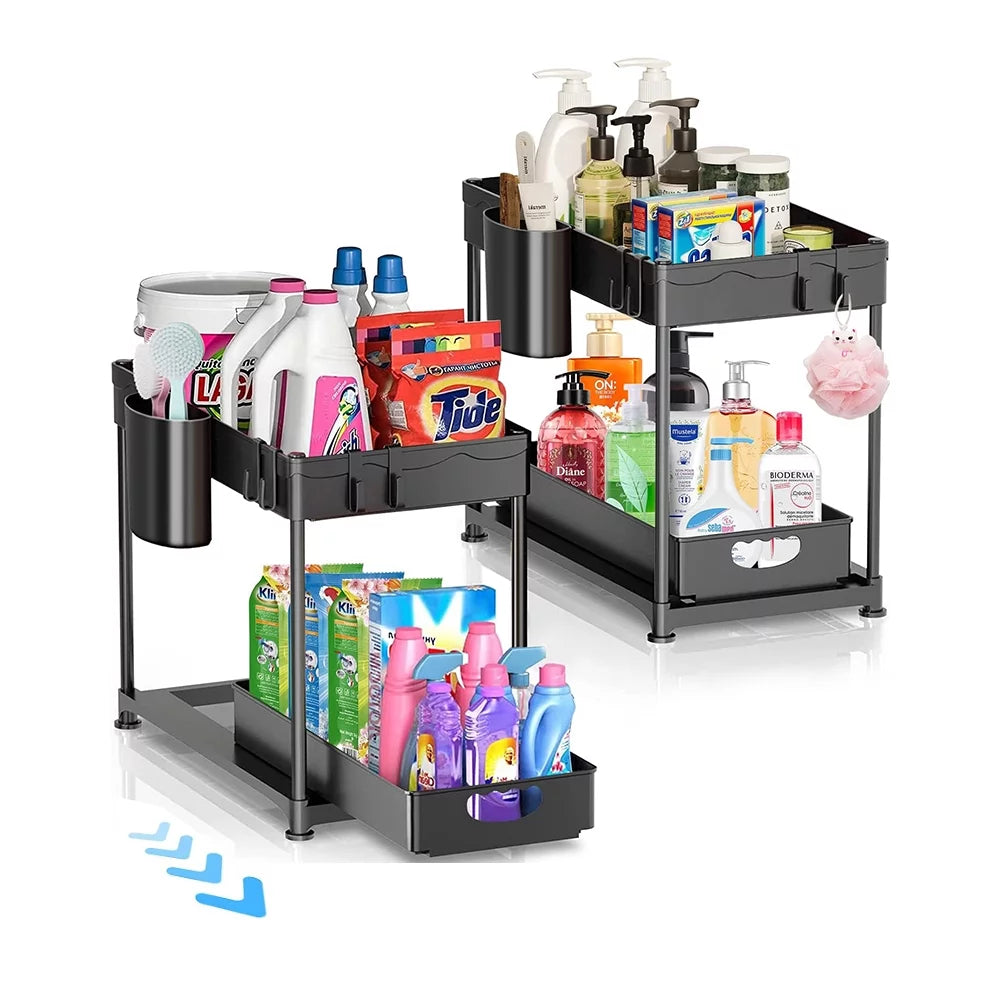 2 Pack 2-Tier Pull Out Under Sink Organizer with Hook & Hanging Cup N22794