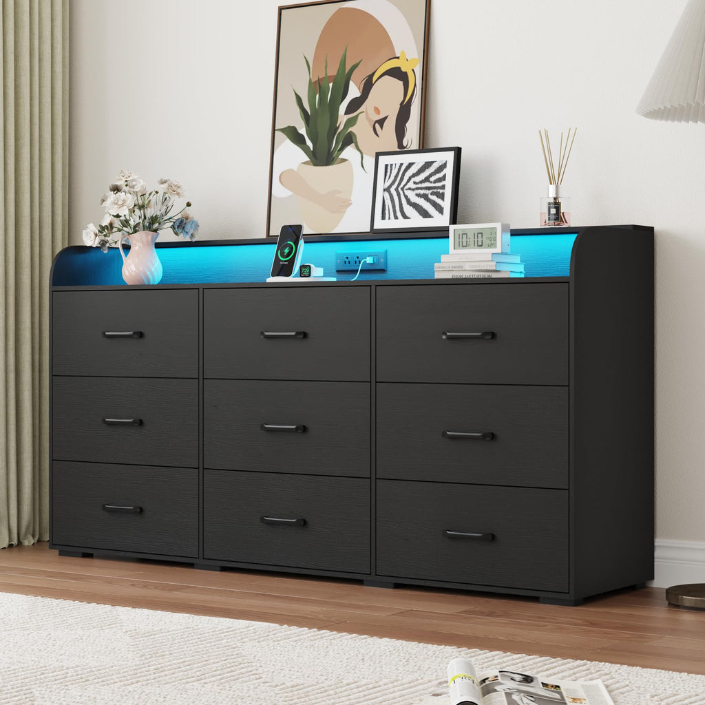Black 9 Drawer Wood Dresser with Power Outlet and LED Lights Y723296