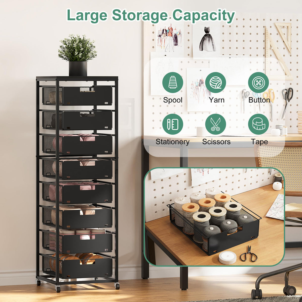 Black 8 Drawer Metal Rolling Storage Cart with Wood Tabletop P170