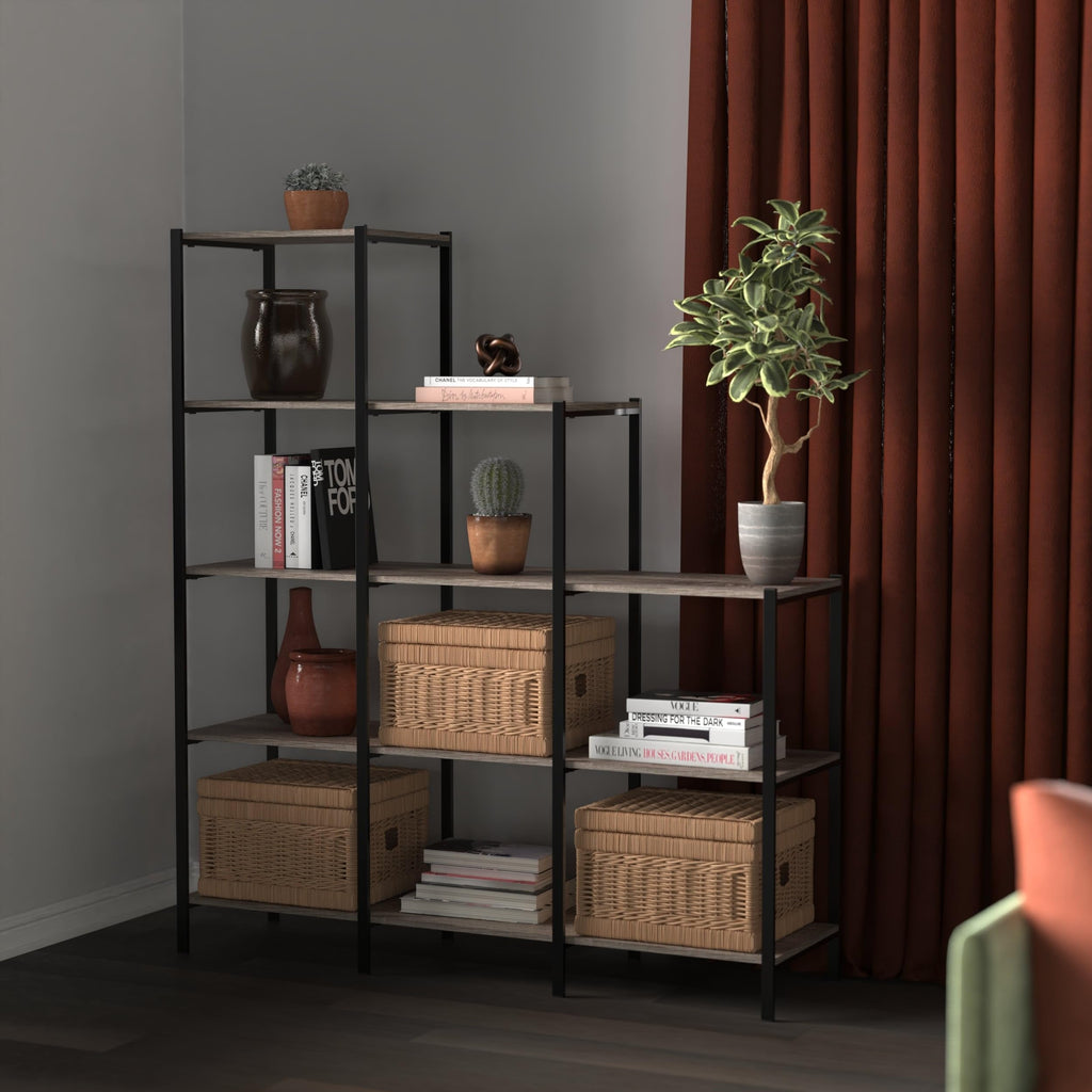 4-Tier Bookcase, 5 Shelves, Black Metal and Wood D843457