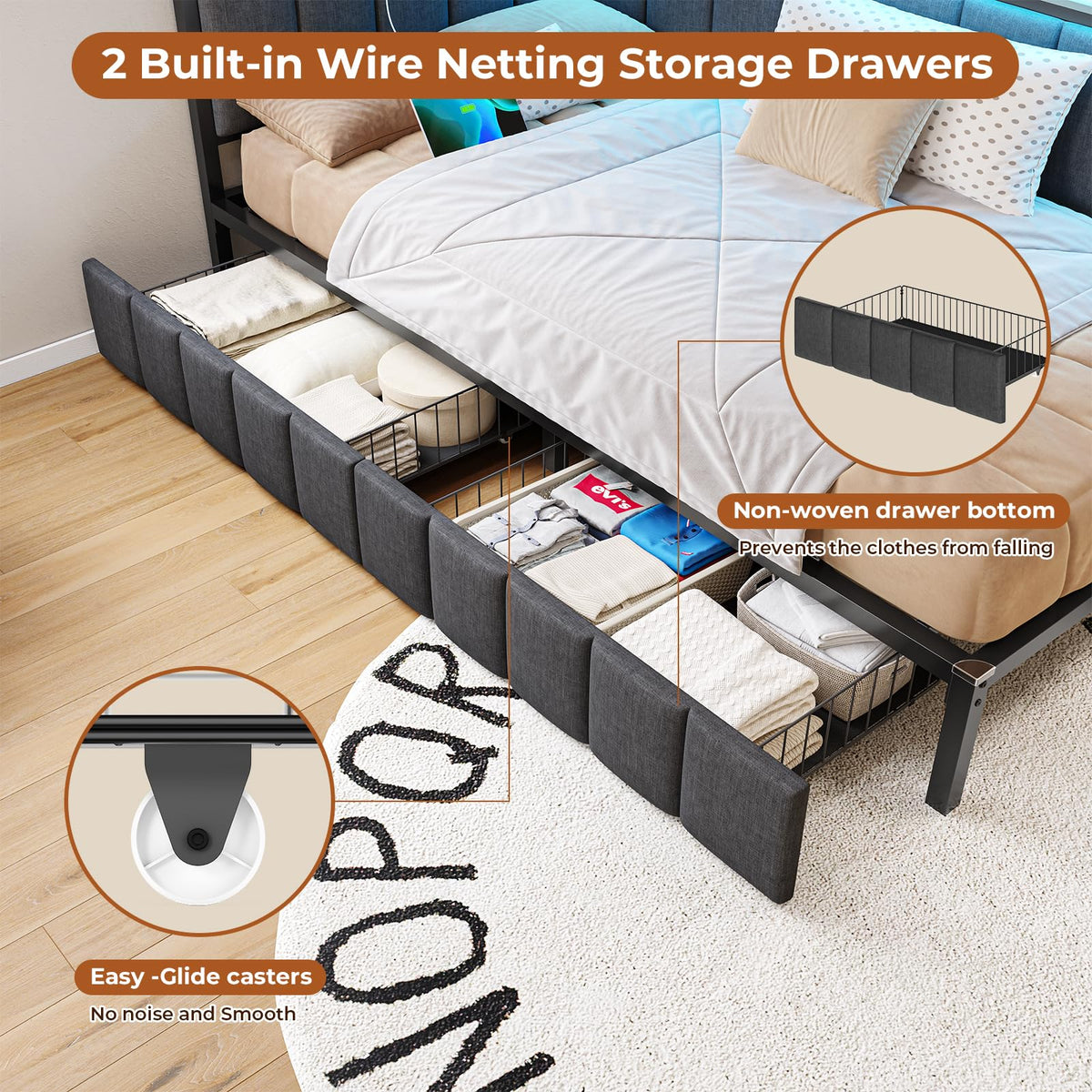 Full Size Corner Bed Frame with 2 Storage Drawers and Charging Station W35691