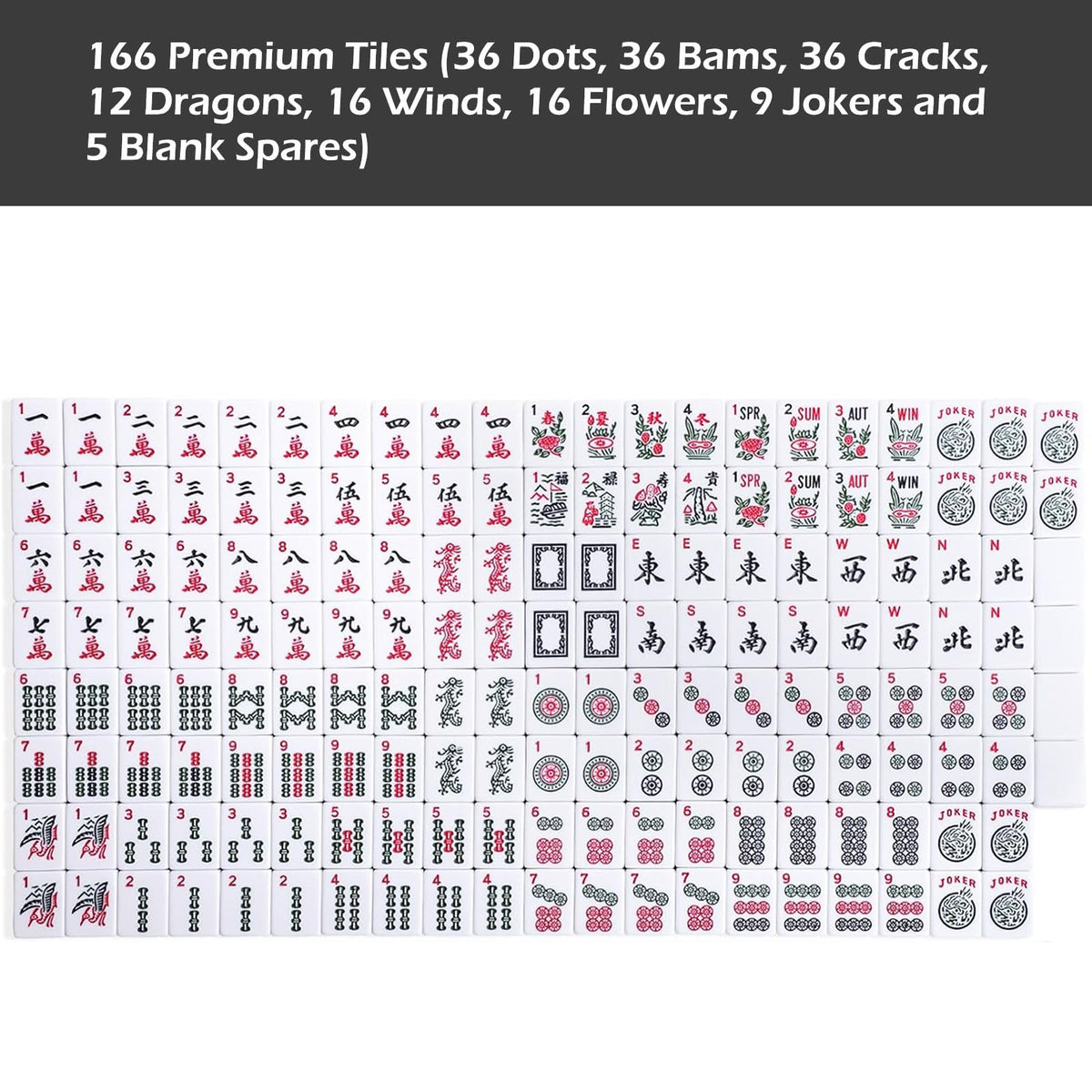 American Mahjong Game Set, 166 White Tiles, 4 Color Rack/Pushers, Blue Carrying Bag Y2776