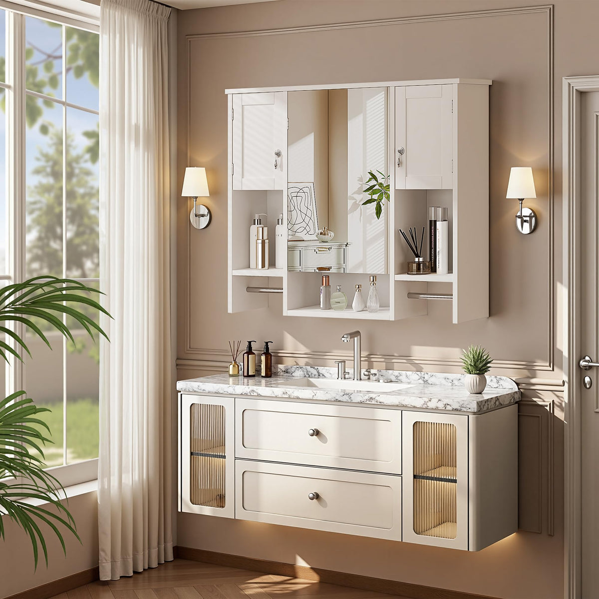 Large White Wall Mounted Bathroom Cabinet with Mirror M7868