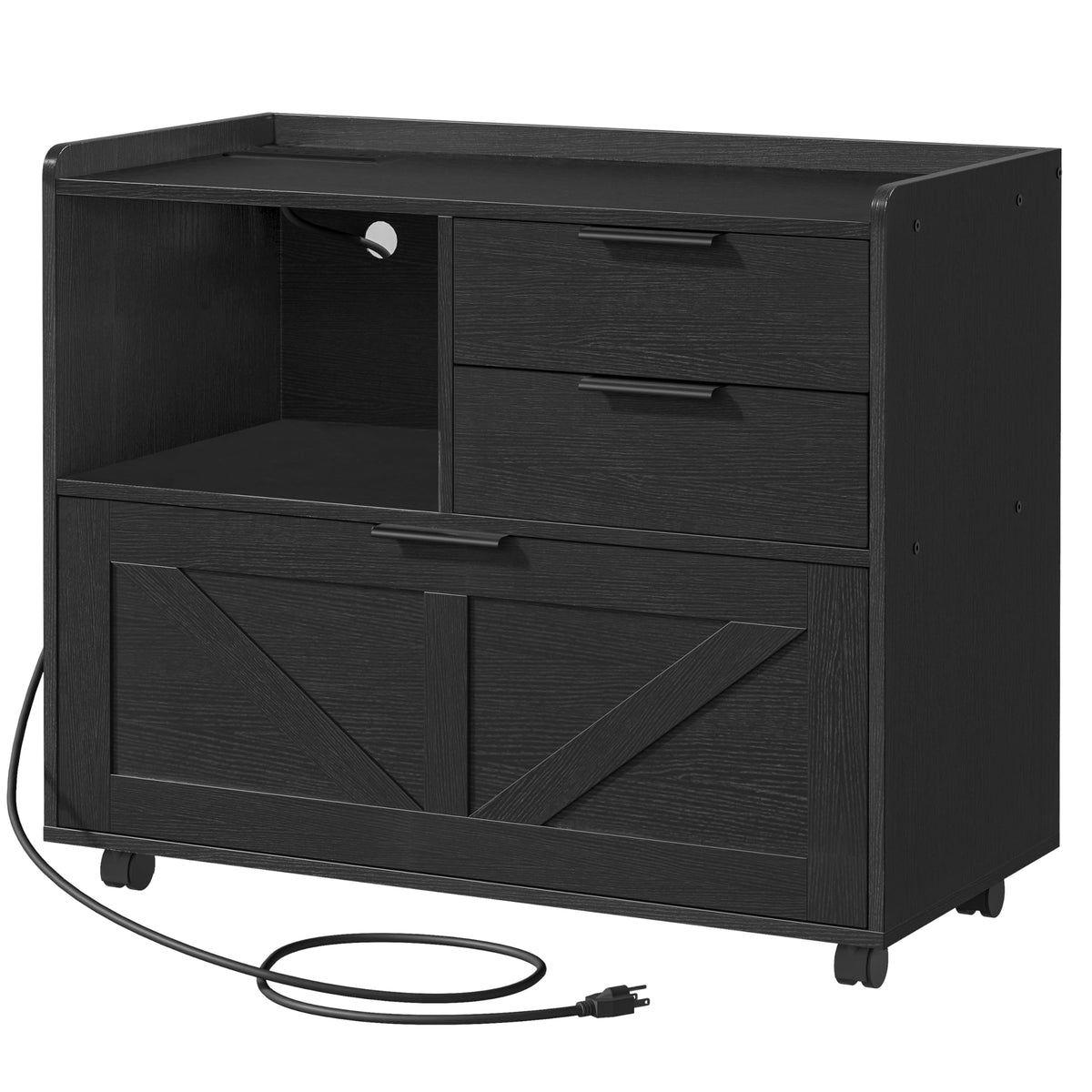 Black Wood Lateral File Cabinet with Charging Station S412