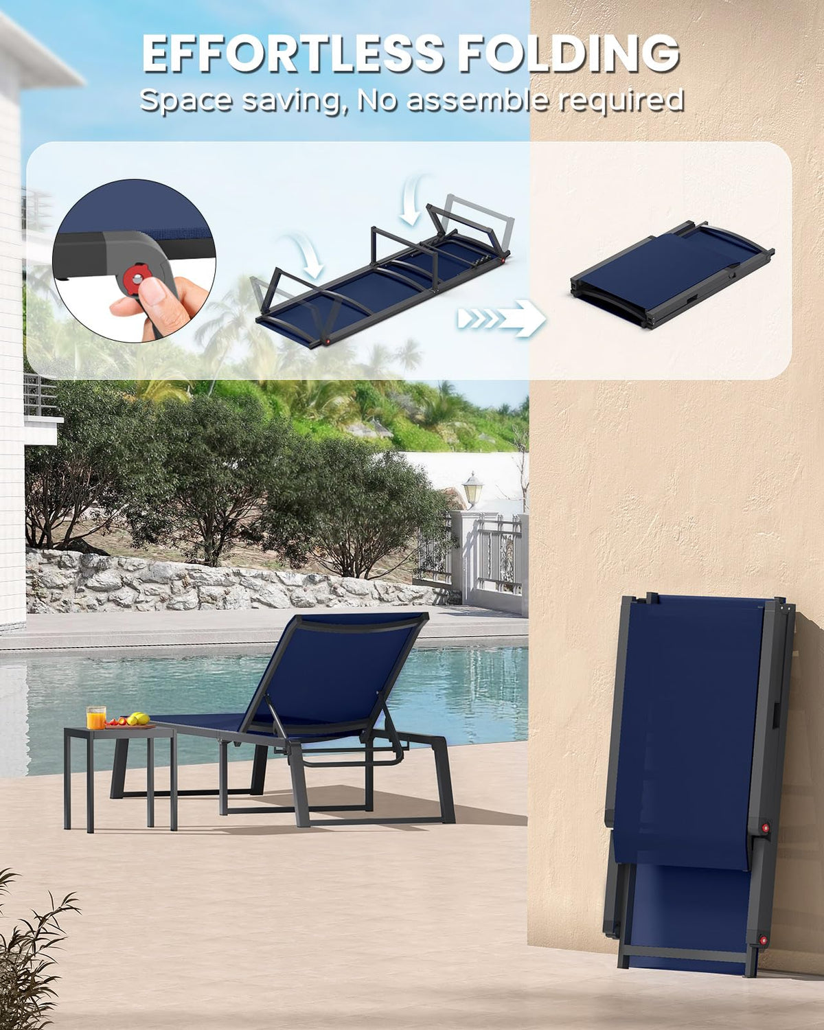 Aluminum Foldable 5-Position Chaise Lounge Chair, Navy Blue, 2 Pack Y3259