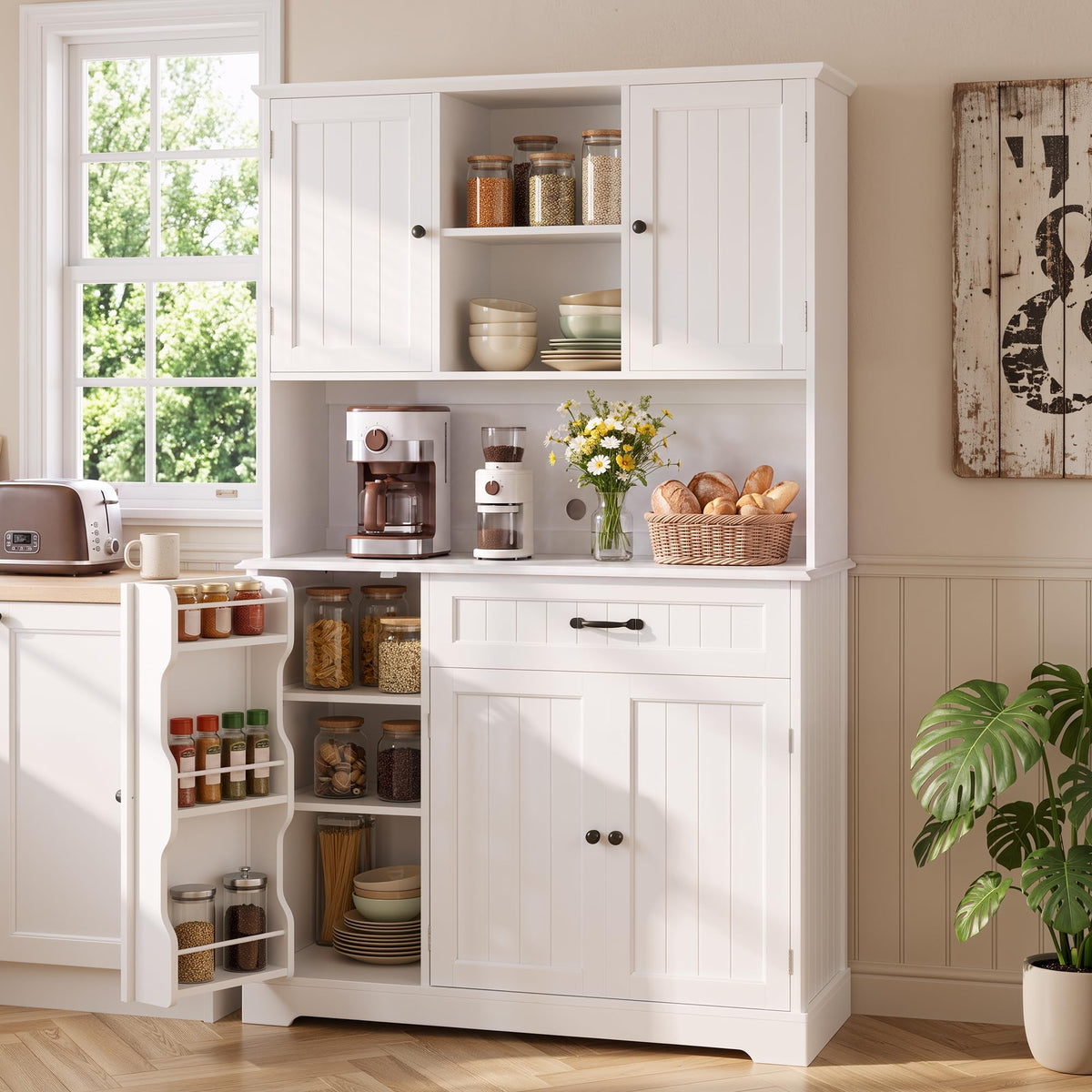 Tall White Kitchen Storage Cabinet with Door and Shelves B7465