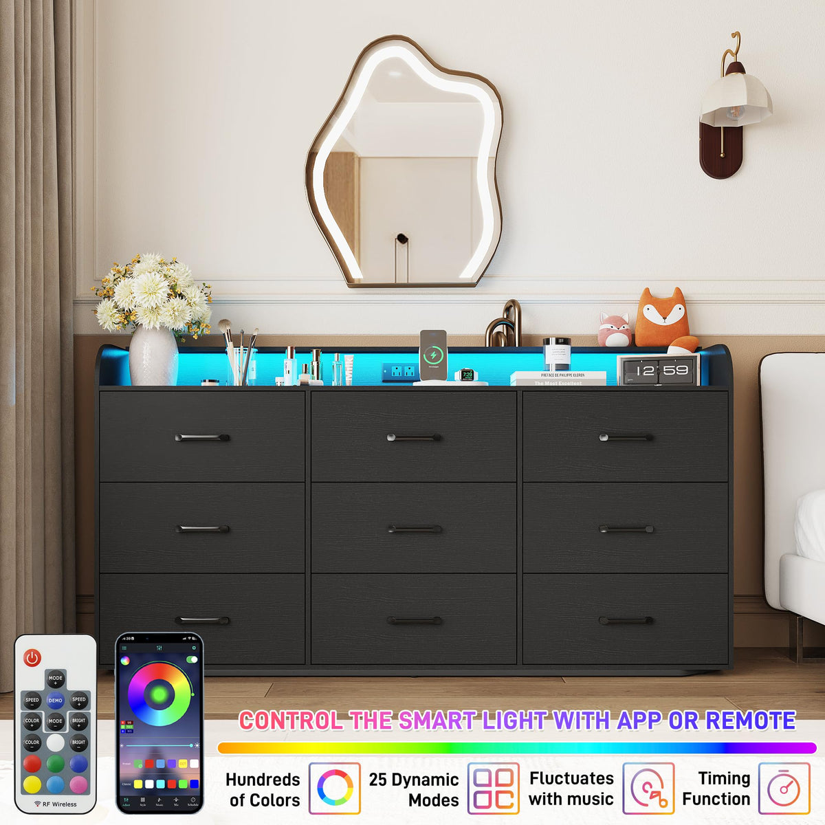 Black 9 Drawer Wood Dresser with Power Outlet and LED Lights Y723296