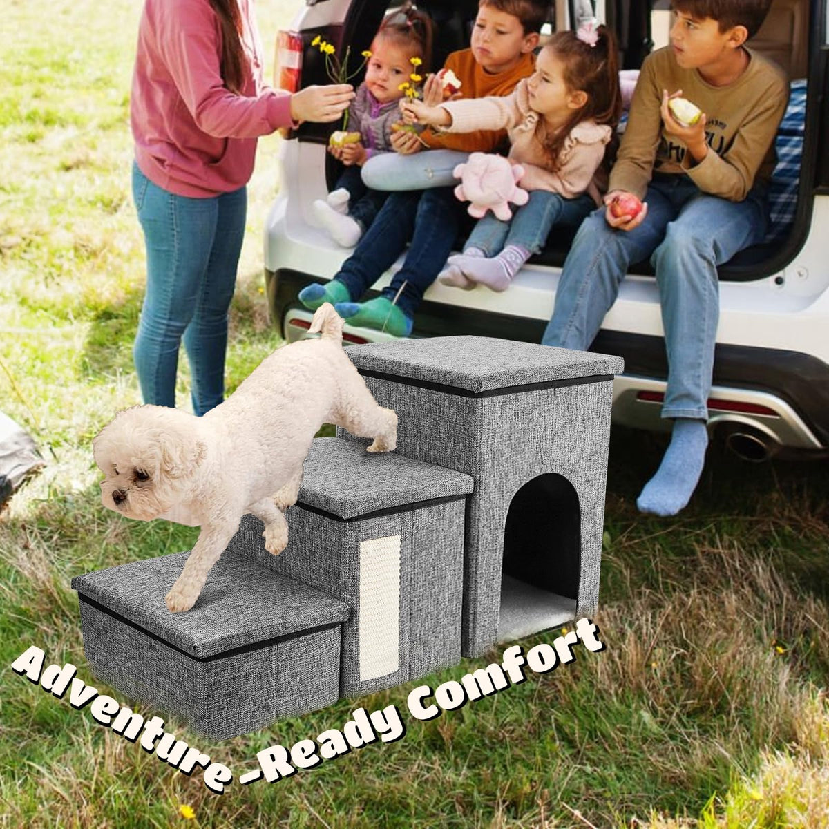 3 Tiers Foldable Dog Stairs with Storage J338803