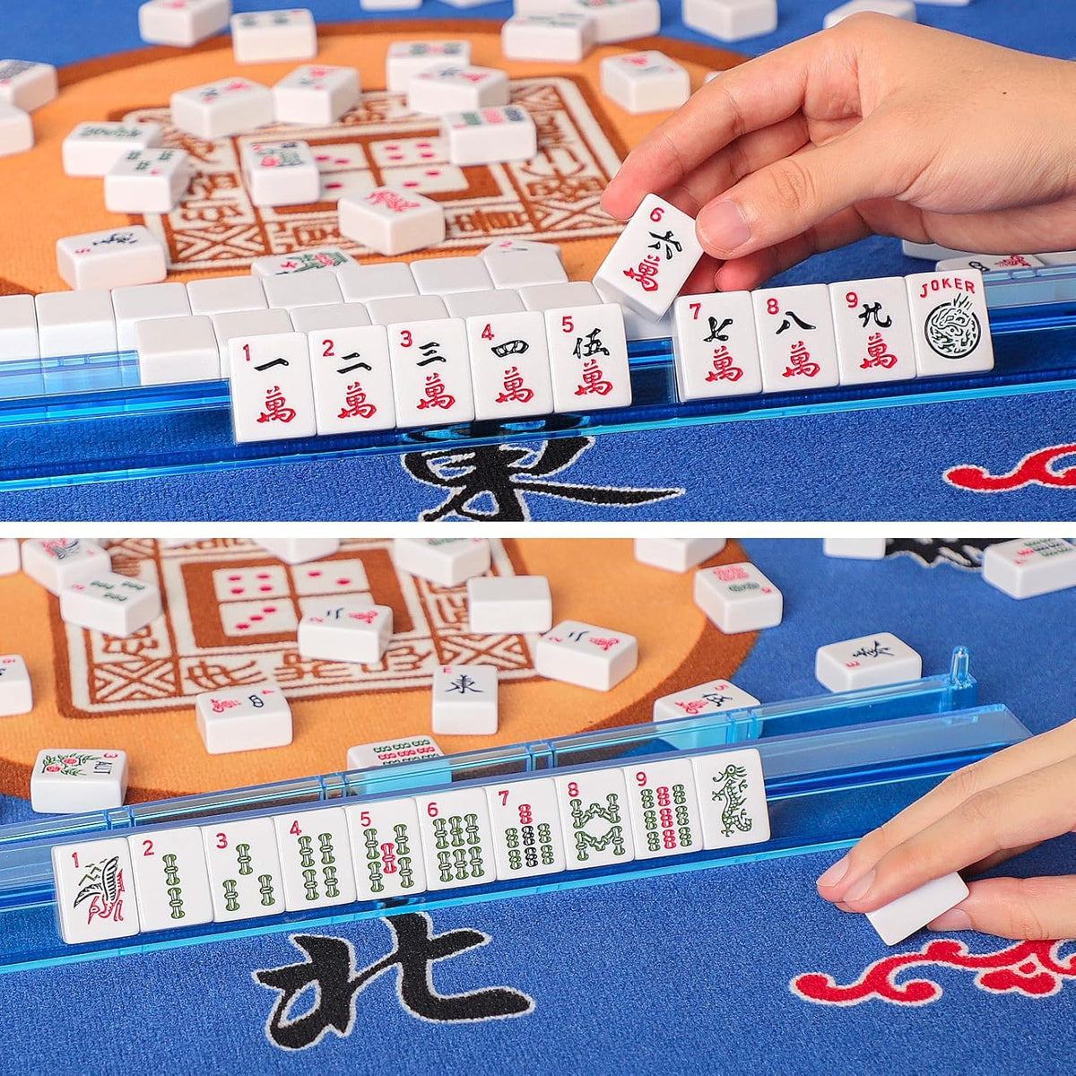 American Mahjong Game Set, 166 White Tiles, 4 Color Rack/Pushers, Blue Carrying Bag Y2776