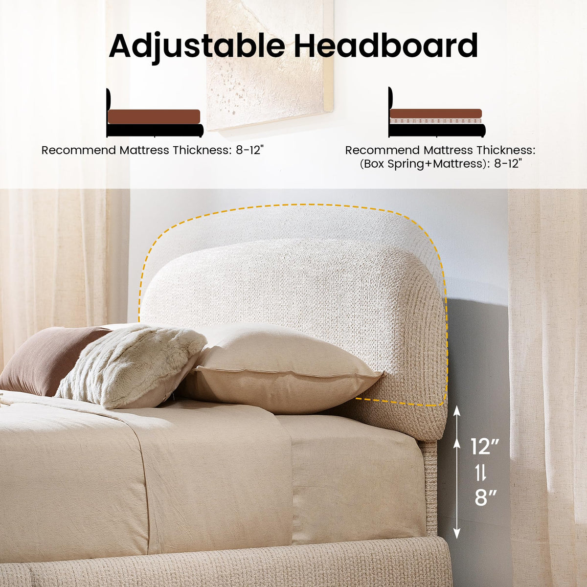 Queen Lift Up Storage Bed Frame with Adjustable Headboard, Beige E166307