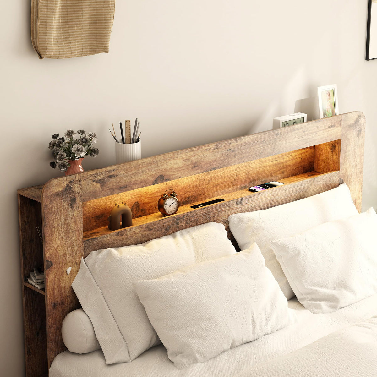 Full Size Dark Brown Wood Platform Bed Frame with Storage I63530