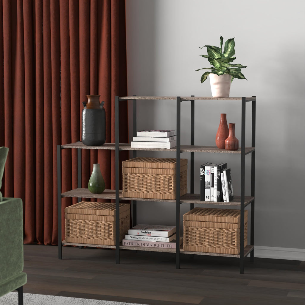 4-Tier Bookcase, 5 Shelves, Black Metal and Wood D843457