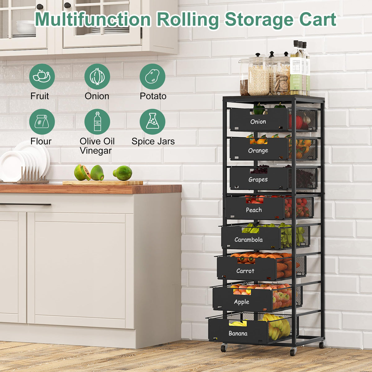 Black 8 Drawer Metal Rolling Storage Cart with Wood Tabletop P170