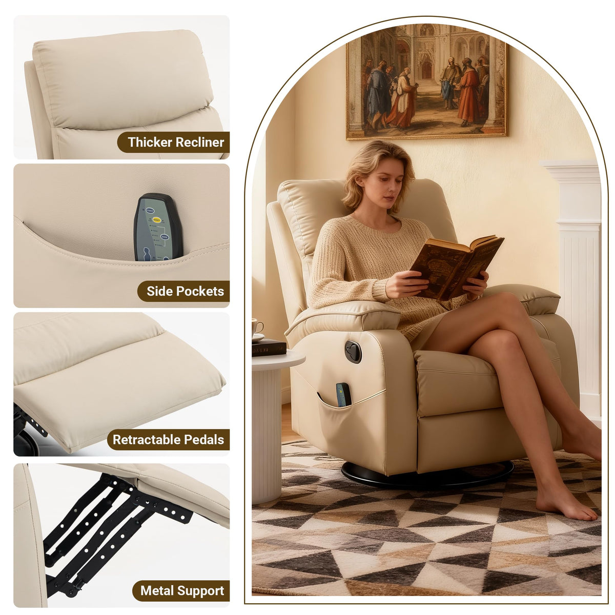 Beige Leather Swivel Rocking Recliner Chair H456523