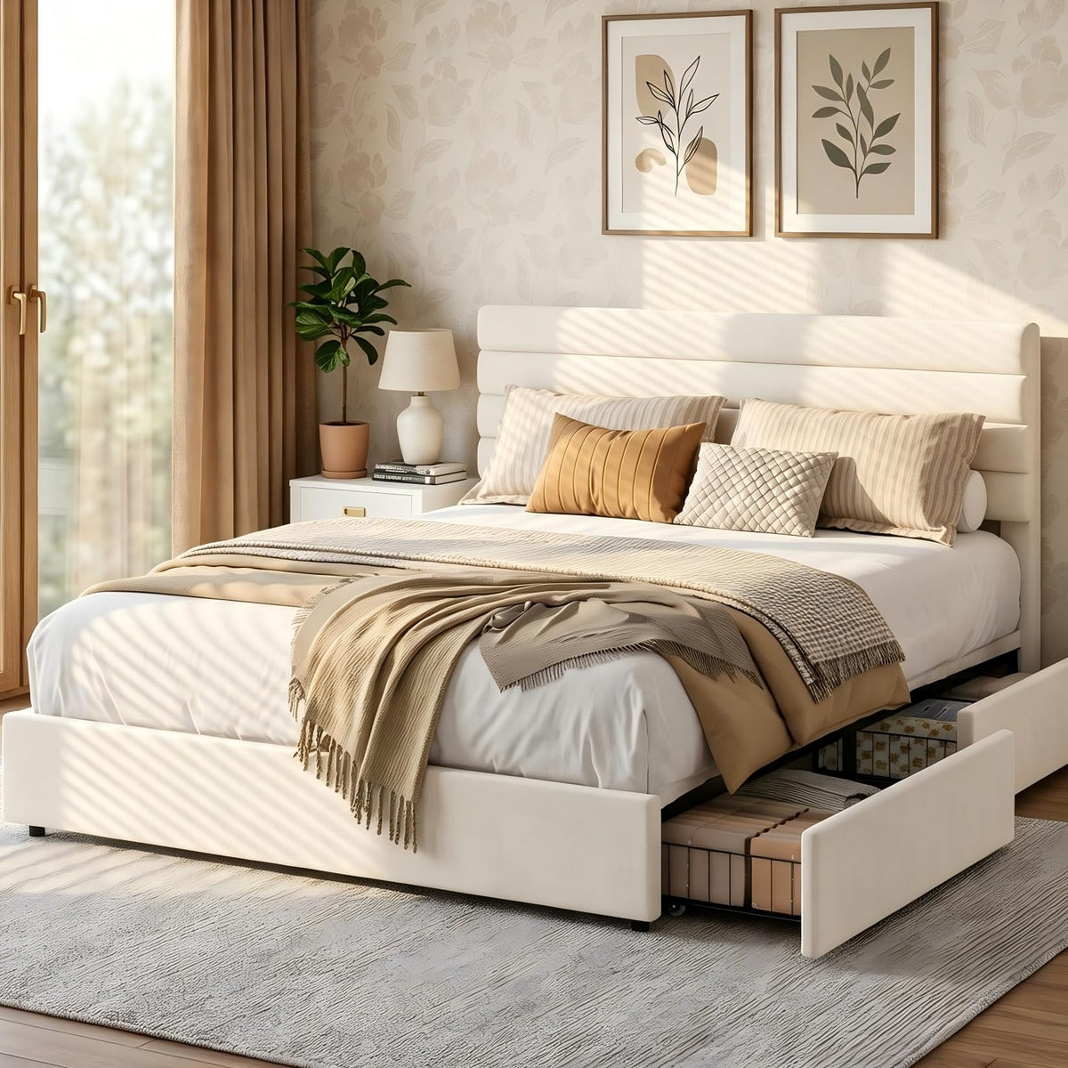 Queen Size Velvet Upholstered Storage Bed with 4 Drawers L64244