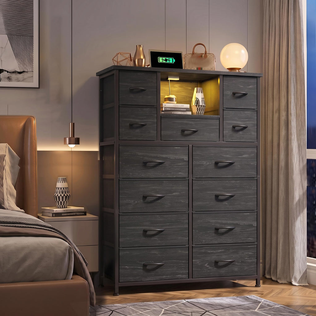 Black 13 Drawer Dresser with Charge Station and LED Light Z661478