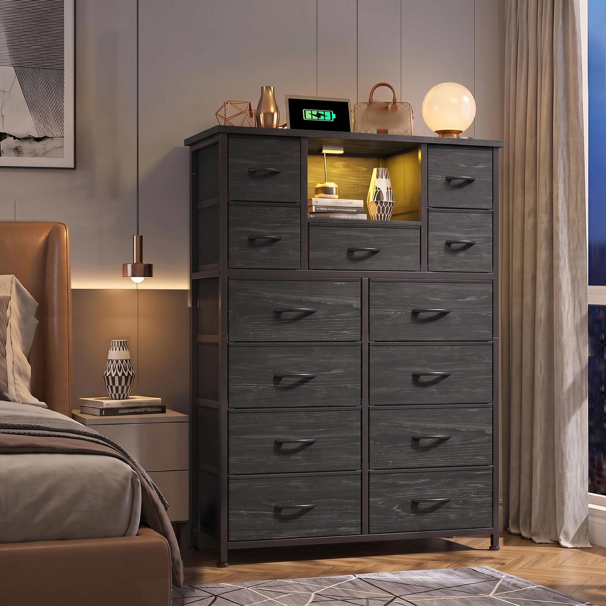 Black 13 Drawer Dresser with Charge Station and LED Light Z661478