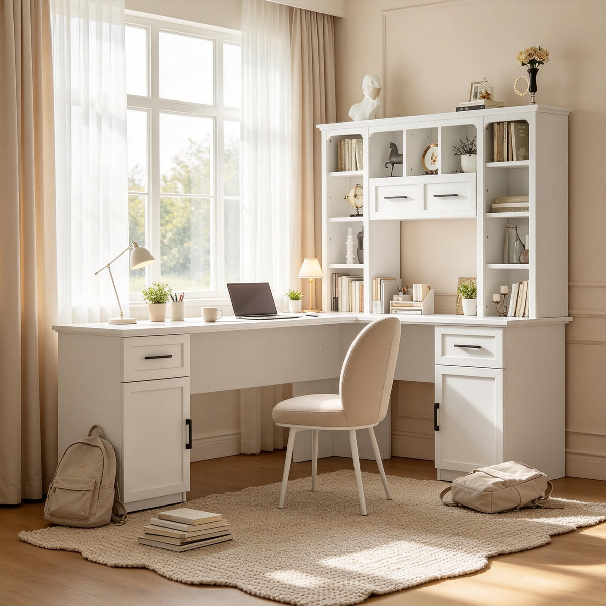 65 Inch White L Shaped Computer Desk with Hutch and Drawers T7457