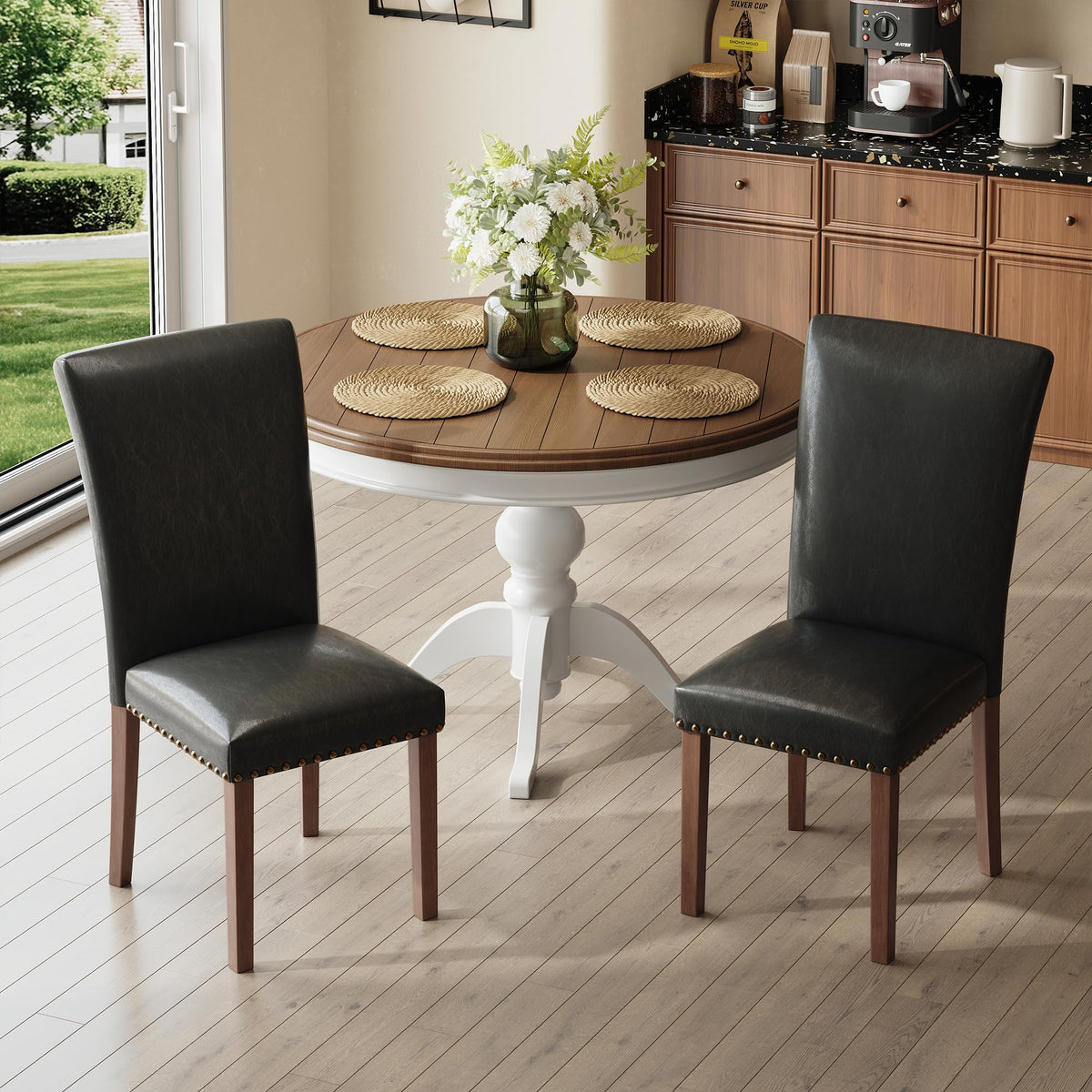Black Leather Dining Chairs Set of 2 with Wood Legs L3843