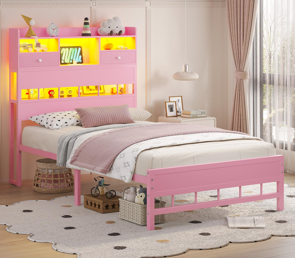 Twin Bed Frame with Storage Headboard E543