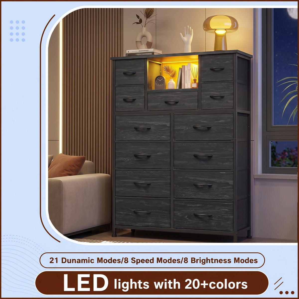 Black 13 Drawer Dresser with Charge Station and LED Light Z661478