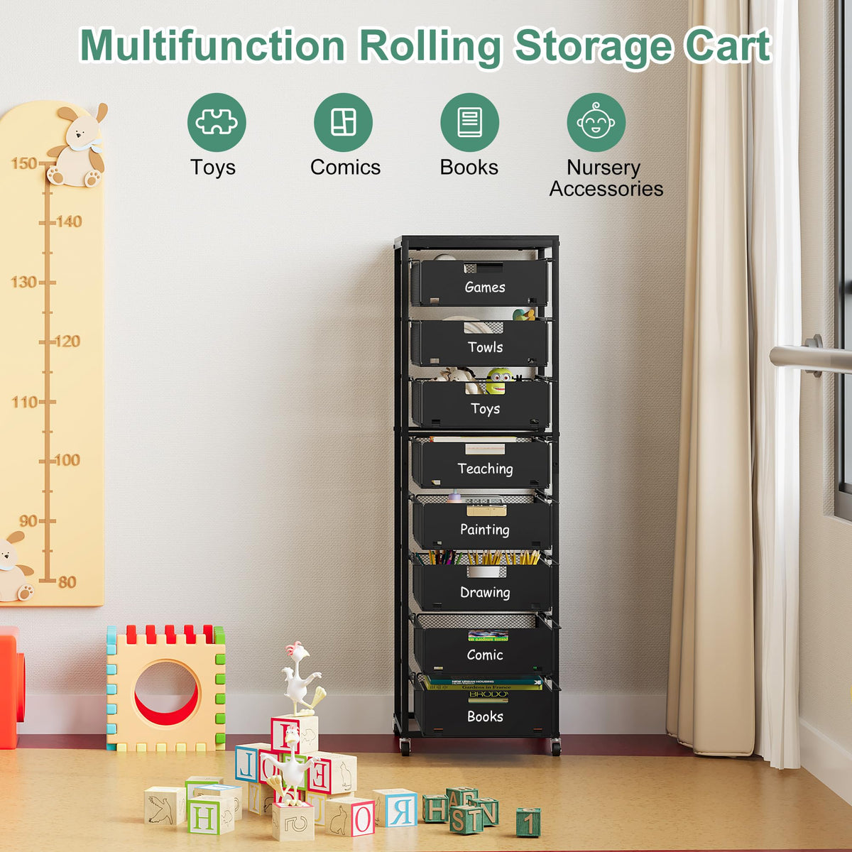 Black 8 Drawer Metal Rolling Storage Cart with Wood Tabletop P170