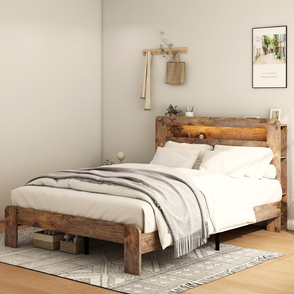 Full Size Dark Brown Wood Platform Bed Frame with Storage I63530