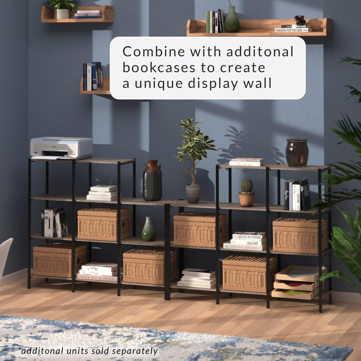 4-Tier Bookcase, 5 Shelves, Black Metal and Wood D843457