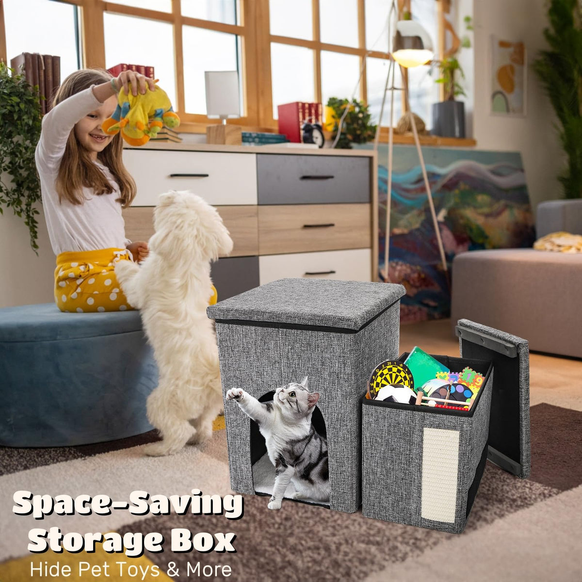 3 Tiers Foldable Dog Stairs with Storage J338803