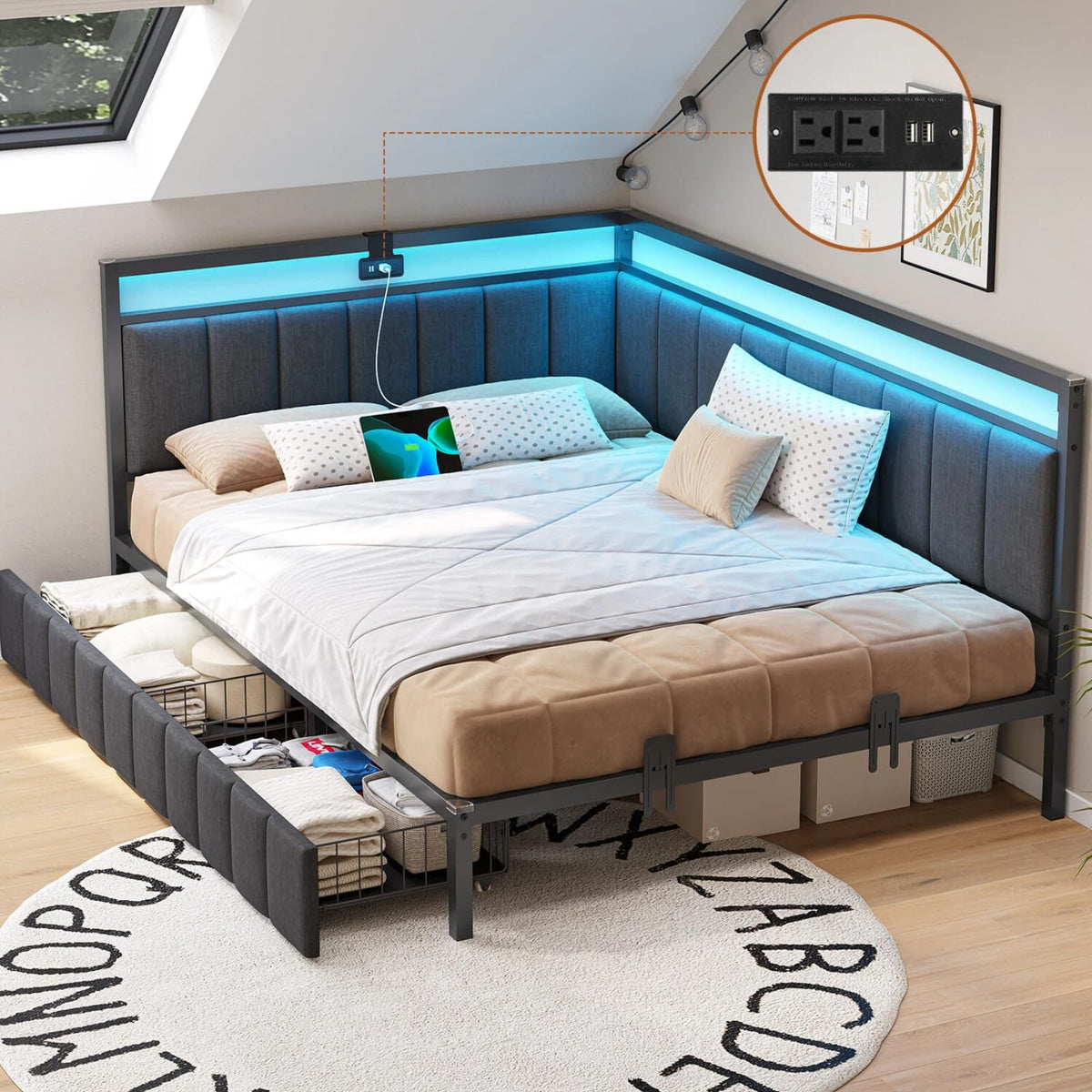 Full Size Corner Bed Frame with 2 Storage Drawers and Charging Station W35691
