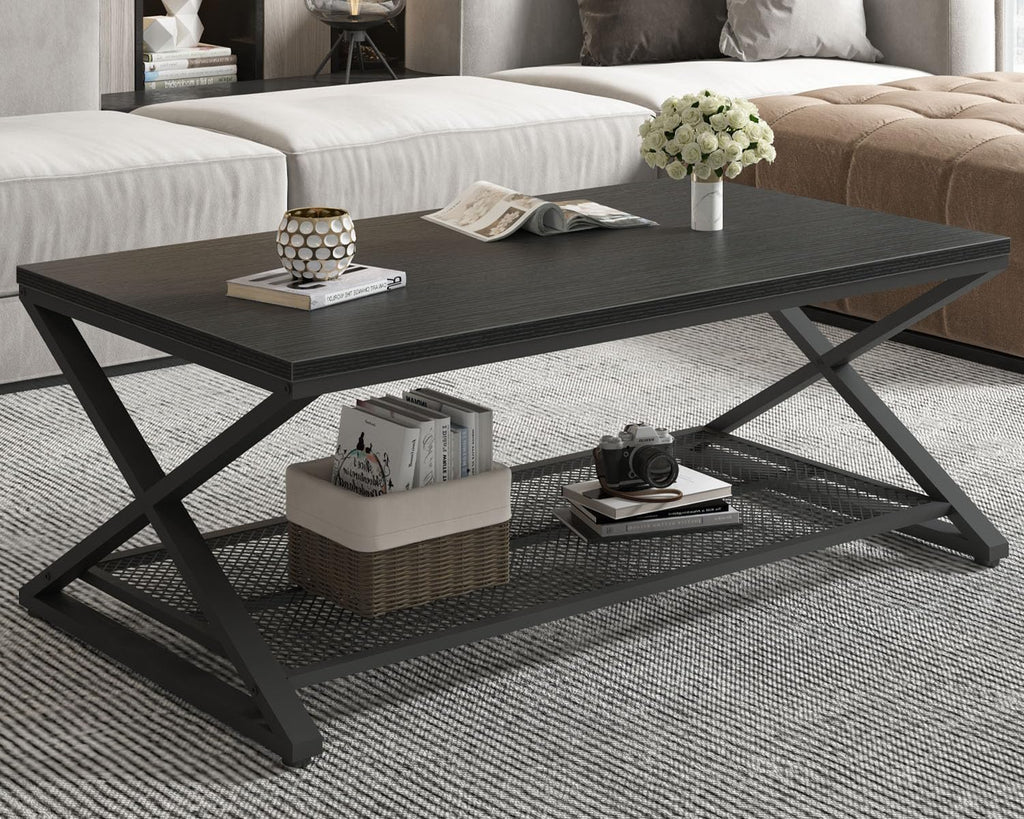 Black 2 Tier Wood Coffee Table with Storage N3953