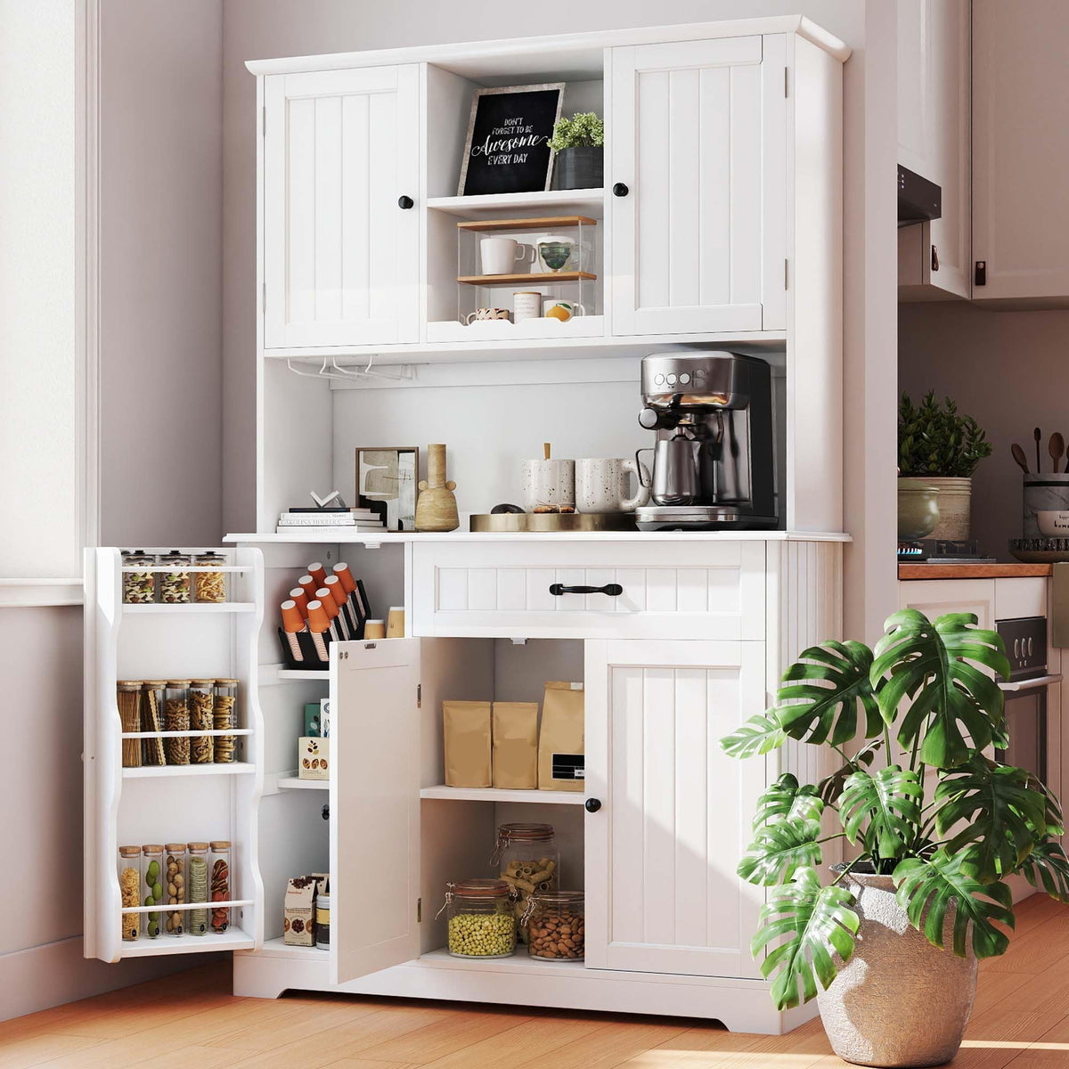 Tall White Kitchen Storage Cabinet with Door and Shelves B7465