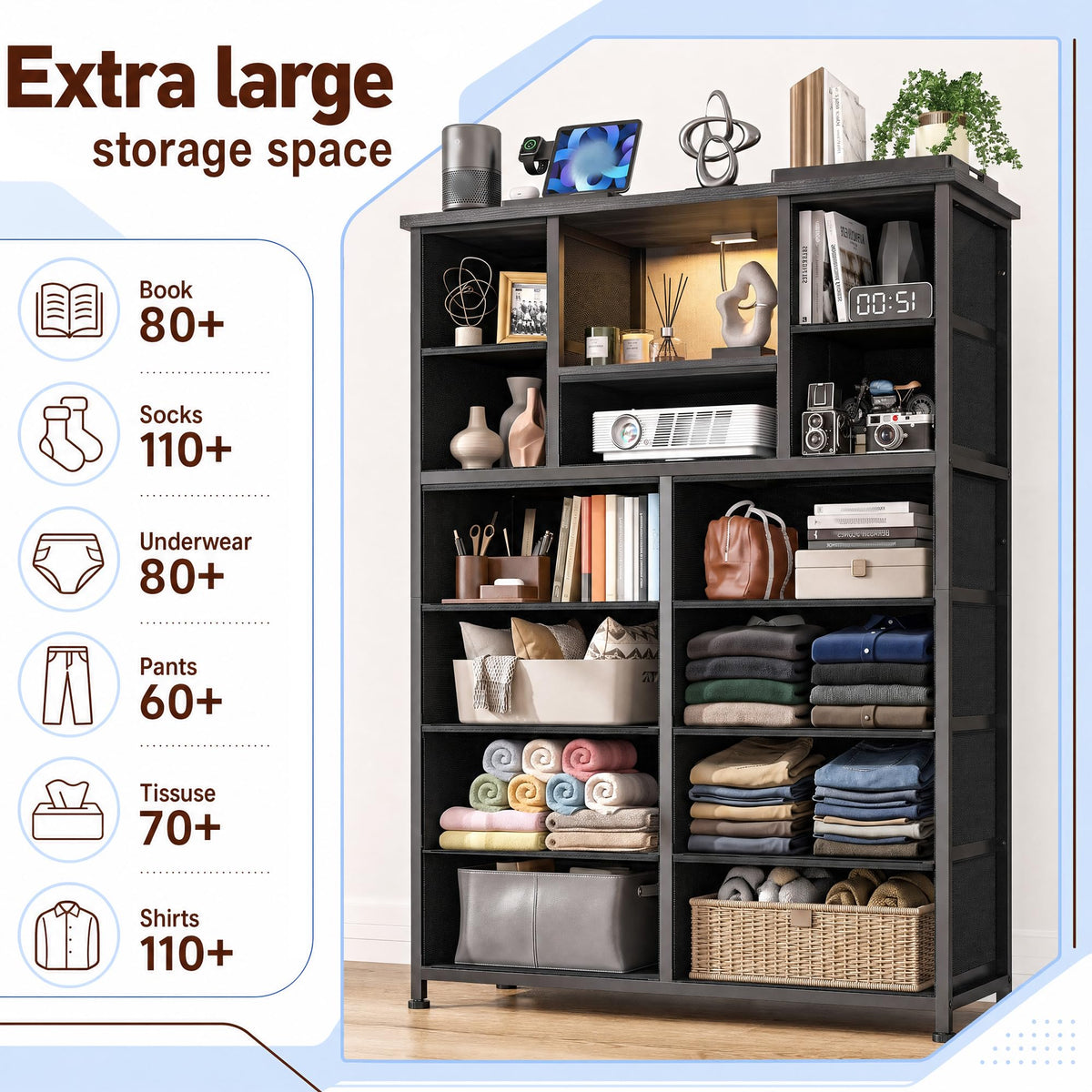 Black 13 Drawer Dresser with Charge Station and LED Light Z661478