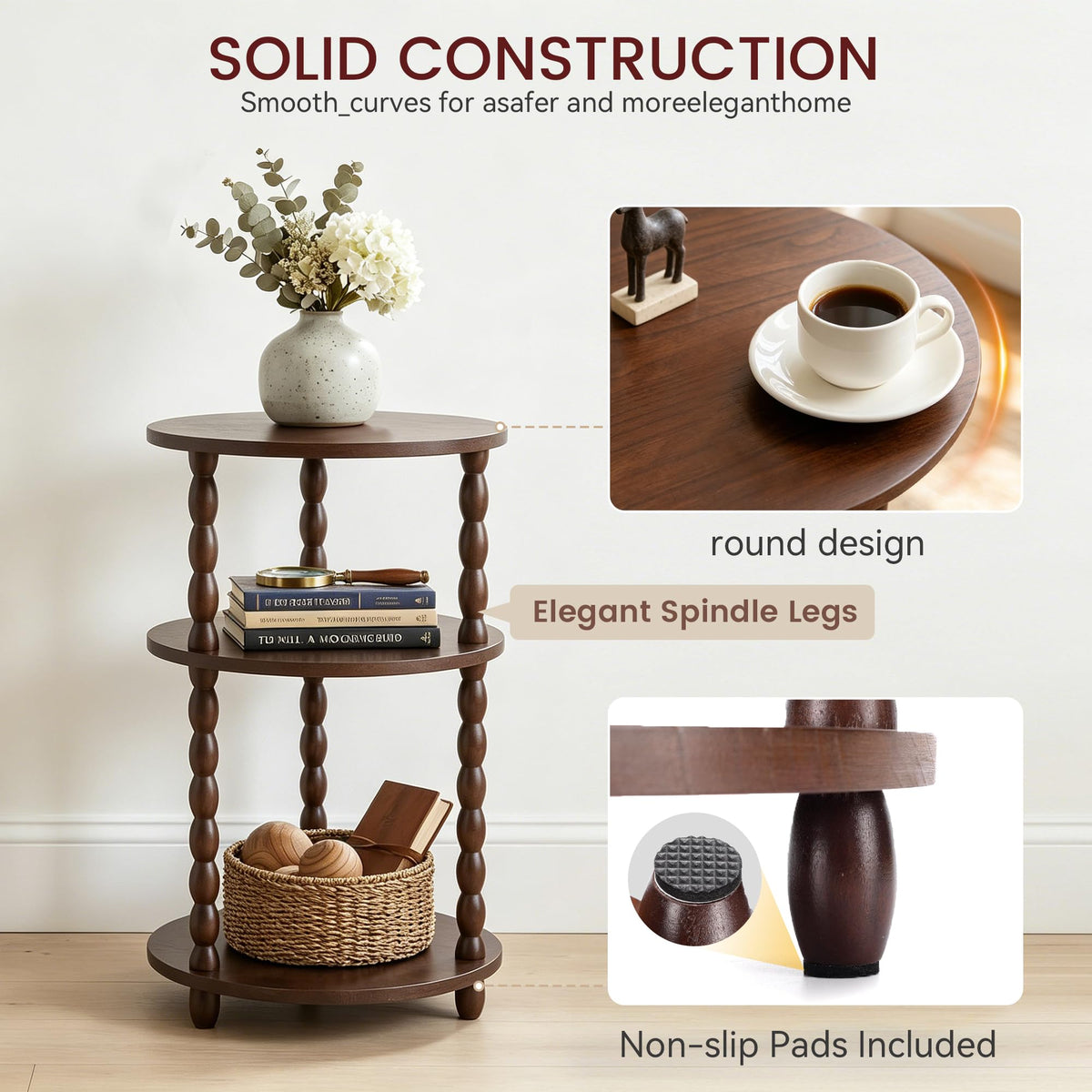 Small Round 3-Tier Solid Wood Side Table with Storage Shelf J934494