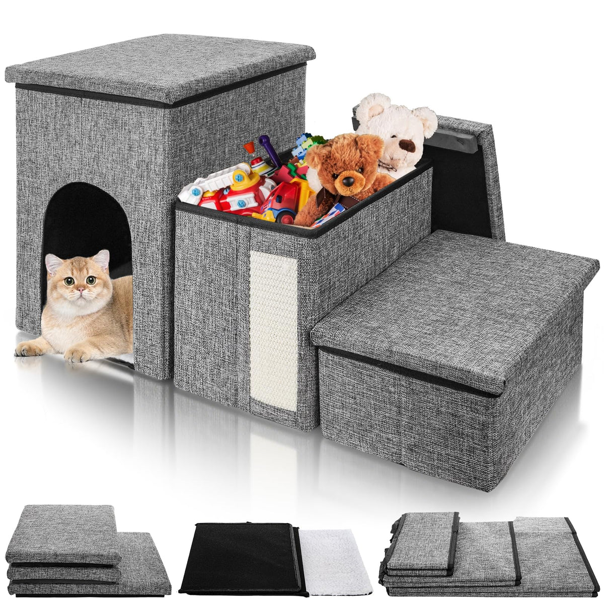 3 Tiers Foldable Dog Stairs with Storage J338803