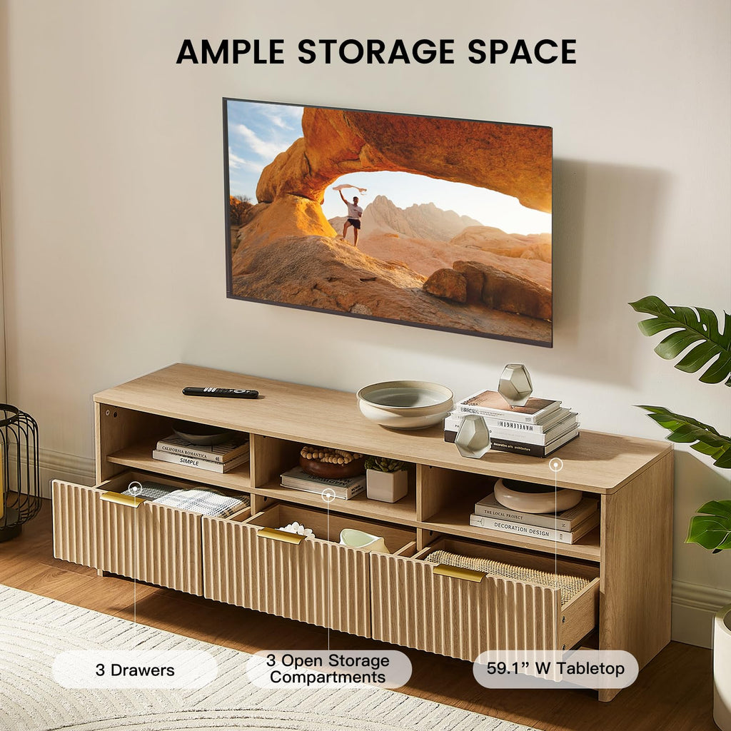 Fluted TV Stand with Storage Drawers and Open Shelf G883617