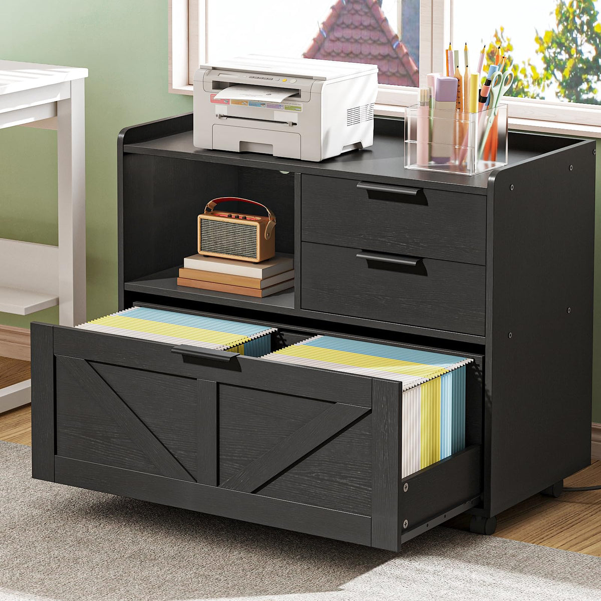 Black Wood Lateral File Cabinet with Charging Station S412