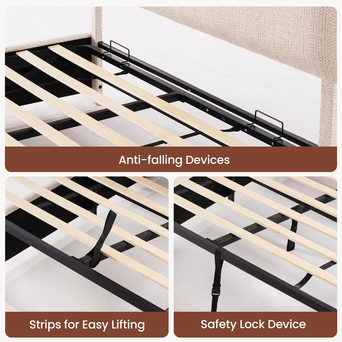 Queen Lift Up Storage Bed Frame with Adjustable Headboard, Beige E166307