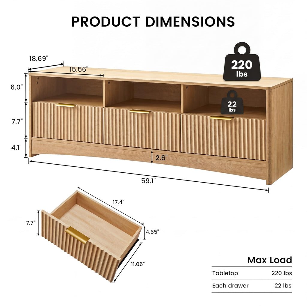Fluted TV Stand with Storage Drawers and Open Shelf G883617