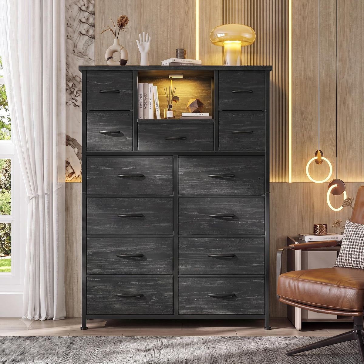 Black 13 Drawer Dresser with Charge Station and LED Light Z661478
