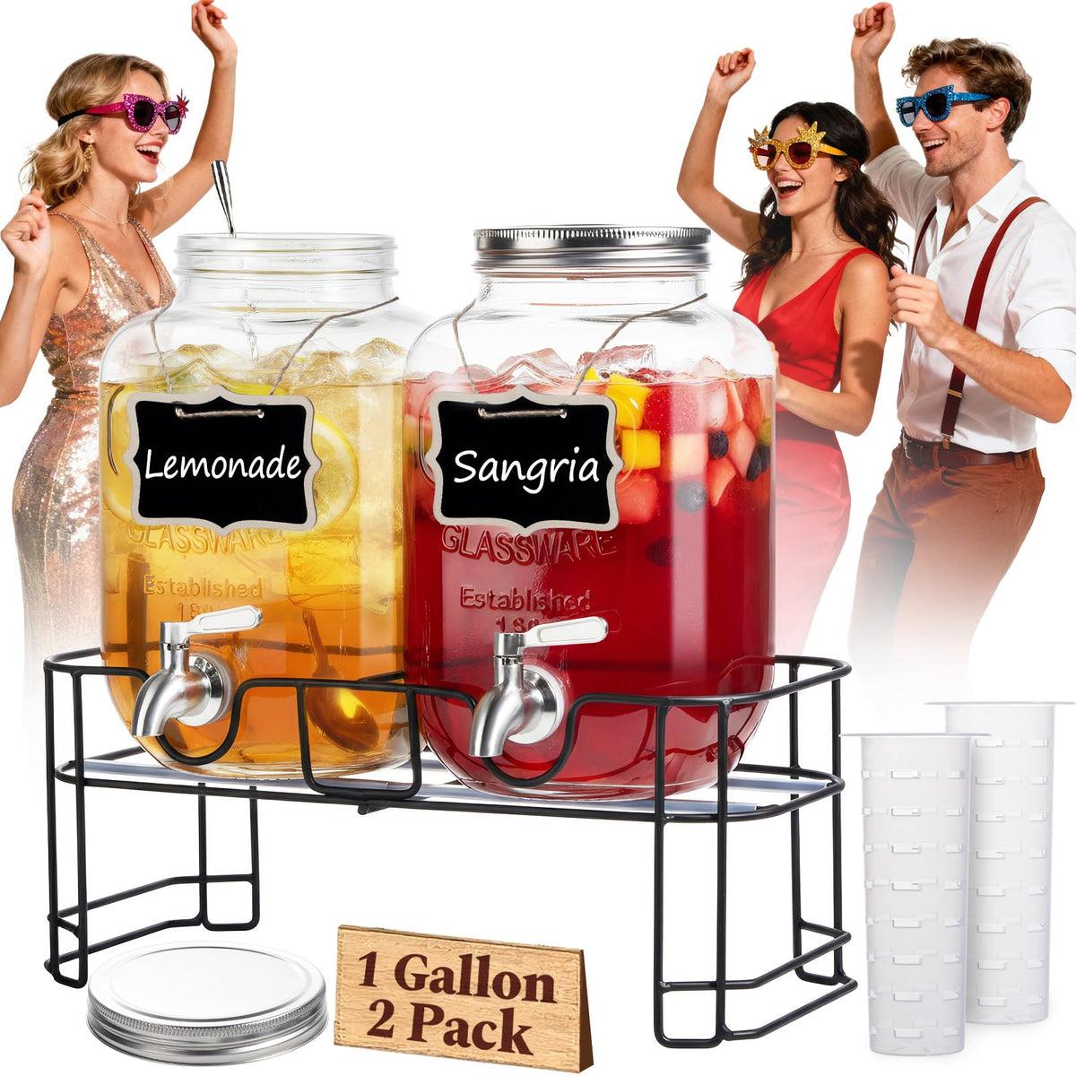 1 Gallon Glass Drink Dispensers 2 Pack with Stand Stainless Steel Spigot N8728