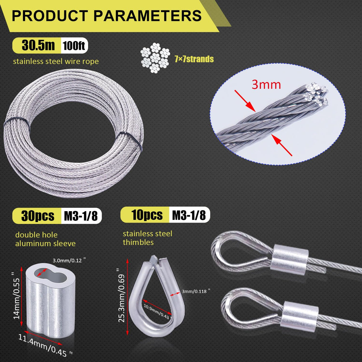 1/8" T316 Stainless Steel Cable Rope 7x7 Wire Rope Z712936