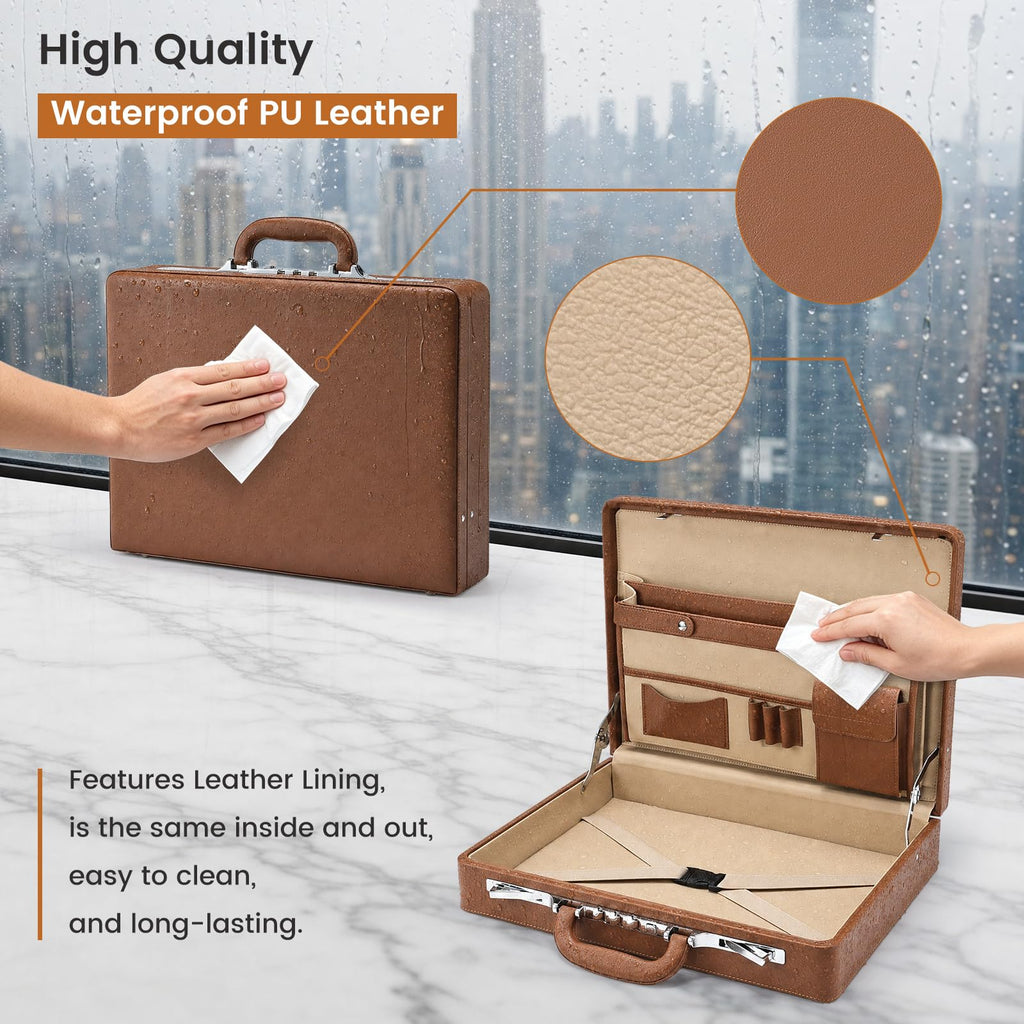 Brown Leather Briefcase with Lock for 16 Inch Laptop S810