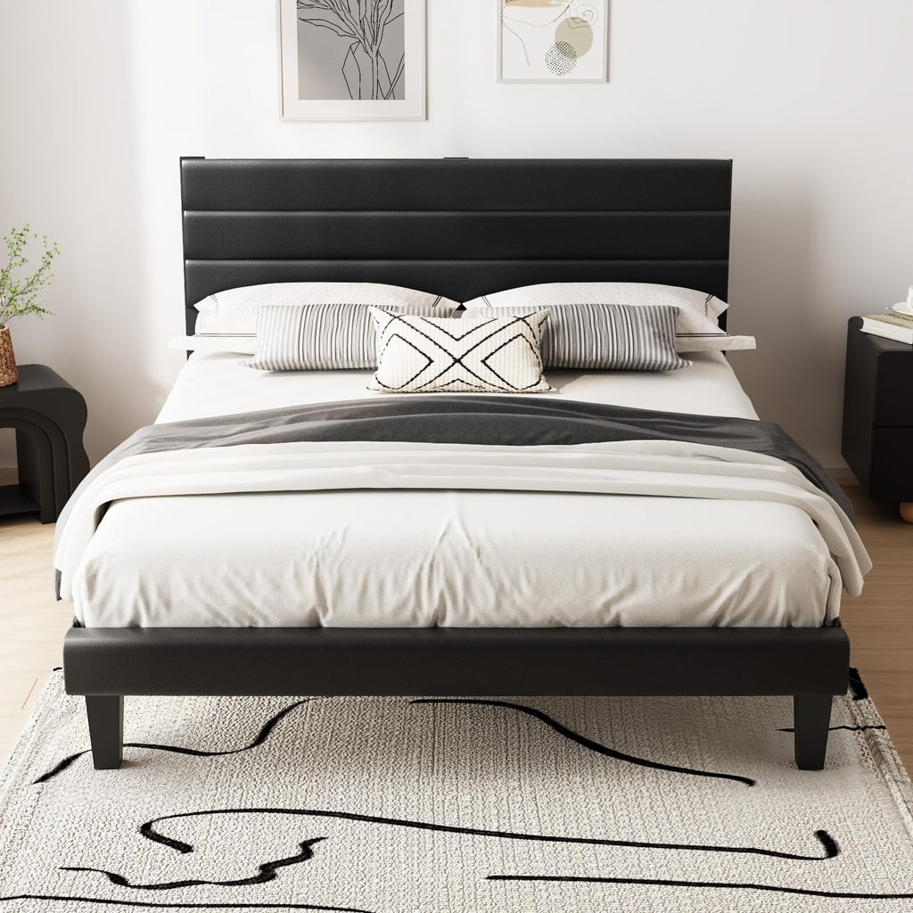 Full Faux Leather Upholstered Platform Bed Frame with Adjustable Headboard U464289