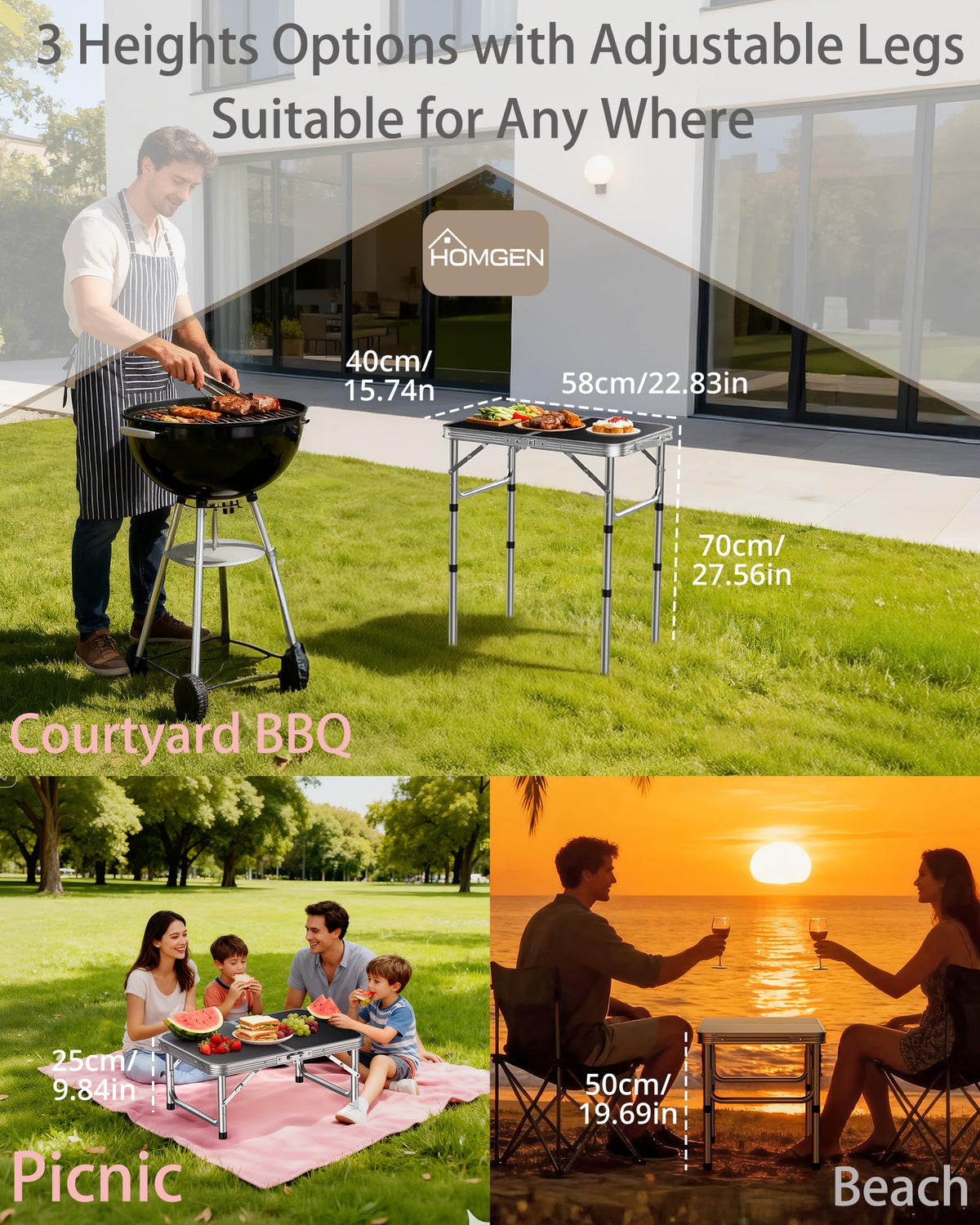 Portable Folding Table 3 Heights Adjustable 23'' L x 16'' W I396415