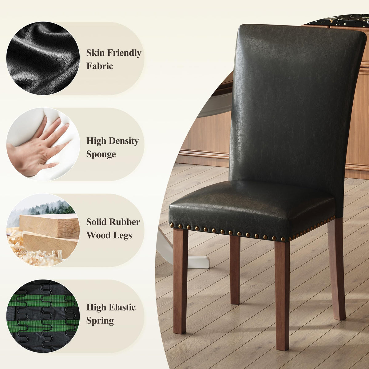 Black Leather Dining Chairs Set of 2 with Wood Legs L3843