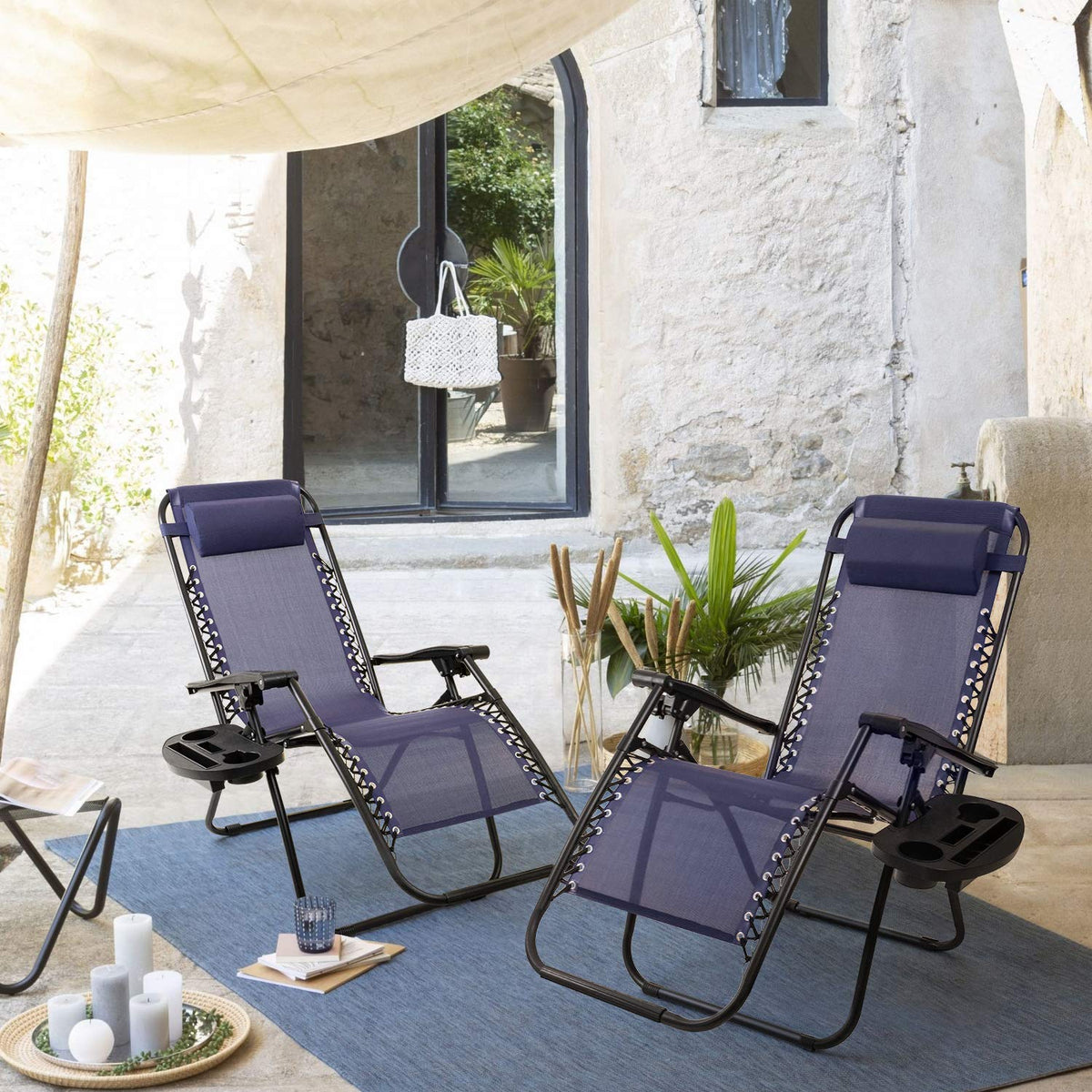 Blue Zero Gravity Folding Lounge Chairs Set of 2 with Cup Holder T612159