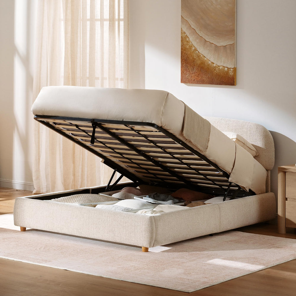 Queen Lift Up Storage Bed Frame with Adjustable Headboard, Beige E166307