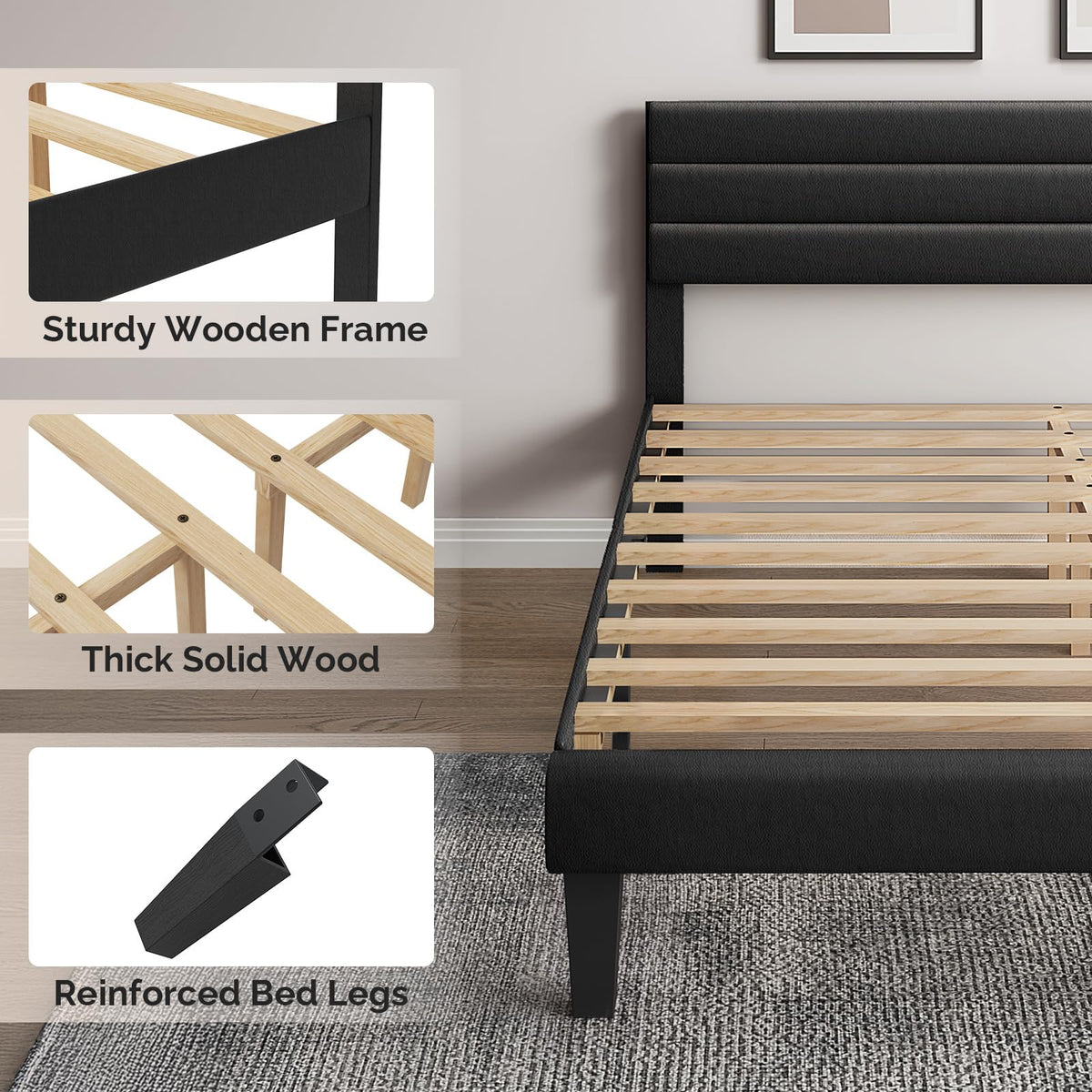 Full Faux Leather Upholstered Platform Bed Frame with Adjustable Headboard U464289