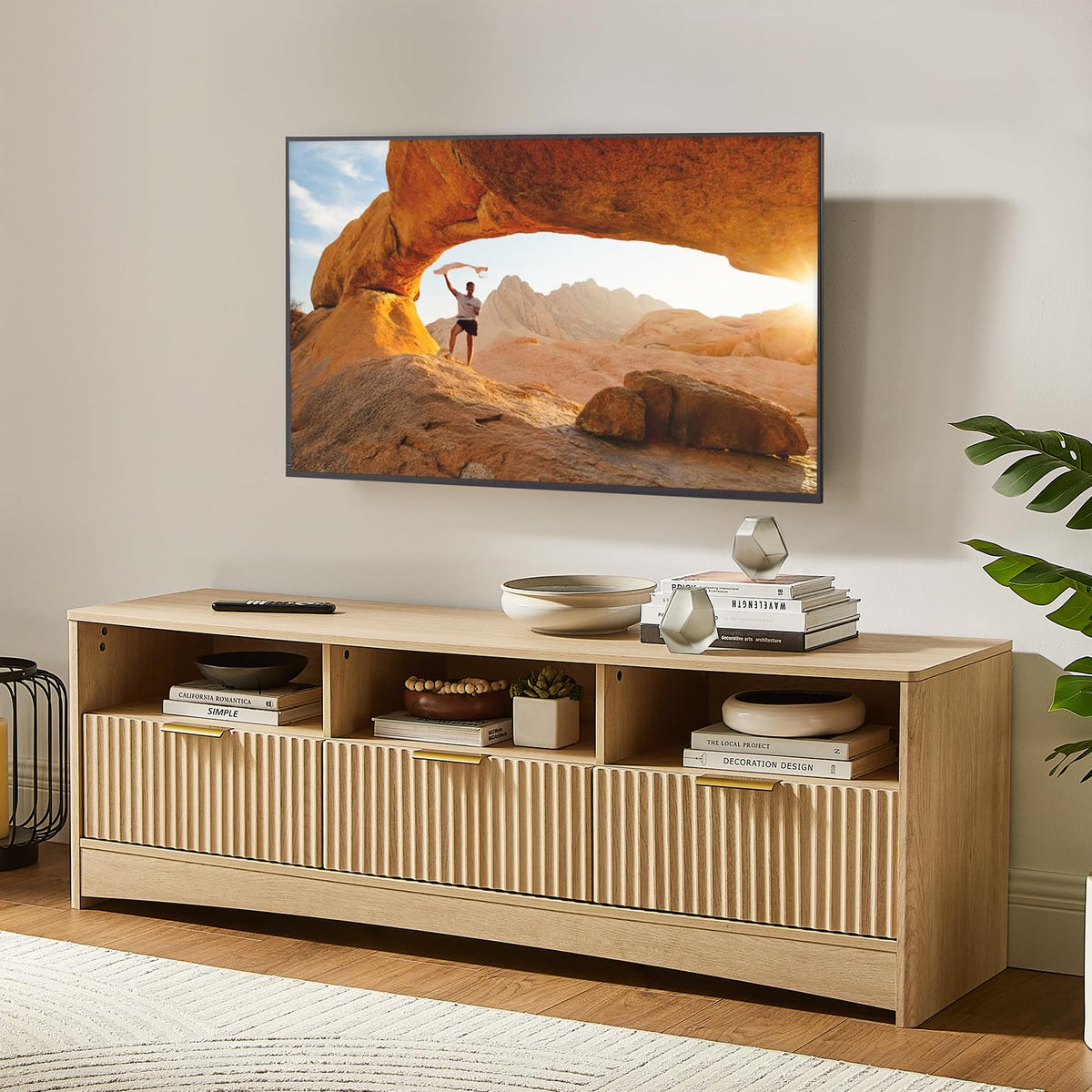 Fluted TV Stand with Storage Drawers and Open Shelf G883617